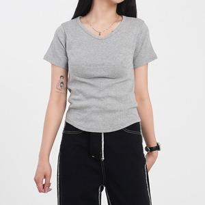 화이트빌딩 여자 반팔 티셔츠 기본 브이넥 면 스판 흰