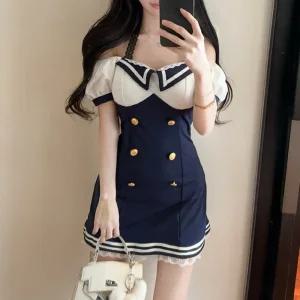 헤르무 홀터넥 레이스 배색 미니원피스 AJ1450