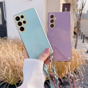 핸드폰케이스 S 24 23 22 21 20 갤럭시 S24 S23 S22 S21 S20 FE 플러스 울트라 5G 코드 실리콘 뒷면 커버 용 크로스 바디 끈 도금 케이스