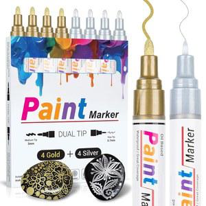 KERIFI 오일 기반 영구 마커, 듀얼 팁 메탈릭 페인트 펜, 록 메탈 우드 유리 플라스틱 세라믹 타이어용 방수 터치업 공예 및 DIY 아트 프로젝트(골드 4개, 실버 0.7mm