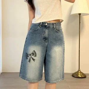 [하프클럽/]여자 리본 나염 버뮤다 투컬러 진 반바지