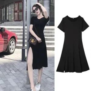 원피스 라운드 이너 반팔 롱드레스 블랙 A라인 (3KdbQ)