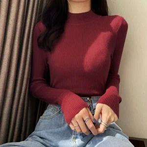 여자 가을 겨울 얇은 반목 반폴라 슬림 비스코스 골지 니트 10컬러