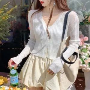 여성용 시스루 네트 브이넥 크롭 가디건