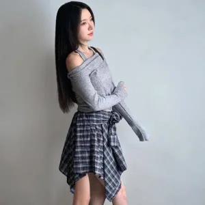 [다잇템] 여성 치마 격자 쁘띠 고무줄 언발란스 힙무드 스트랩