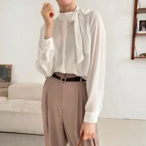 여자 봄 쉬폰 리본 타이 시스루 반목 흰색 블라우스