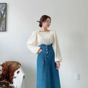 여자 스퀘어넥 벨벳 레이스 벌룬긴팔 블라우스_4