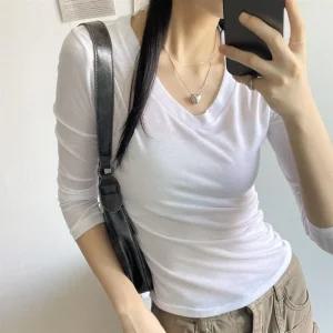 여성 브이넥 시스루 슬림핏 롱슬리브 티셔츠