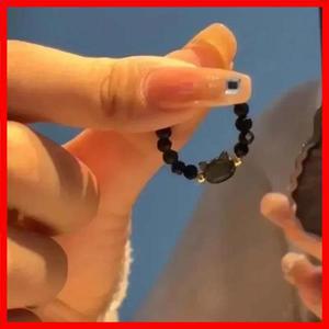 천연 월장석 흑요석 반지 비즈 미니멀리스트 피젯 링 귀여운 블랙 화이트 고양이 반지 남녀공용 파티 액세