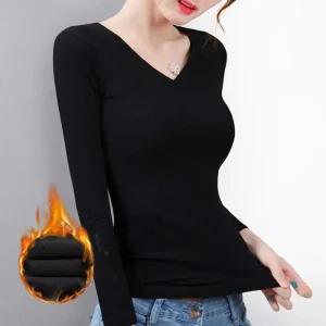 [오노마] ONM 여성 기모 브이넥티셔츠 스판 레이어드티 V넥 기