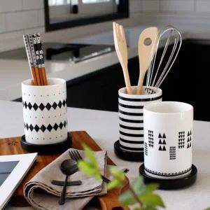 [콩심팥심]예쁜 블랙 패턴 디자인 도자기 수저통 물빠짐 구멍 원형수저통