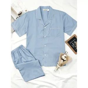 [하프클럽/]클래식블루 반팔 순면 남성 빅사이즈 잠옷 세트