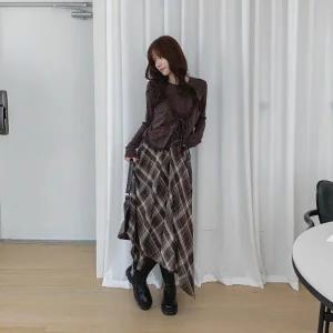 [다잇템] 여자 격자체크 롱 키치무드 스트랩 면원단 언발 스커트