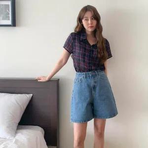 여자 데일리 코튼 뒷밴딩 a라인 데님 5부 반바지_3