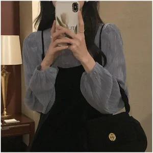 리버 블라우스+벨벳 원피스 세트