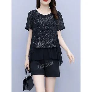 라인 댄스복 빅사이즈 세트 상의 빤짝이 라틴 쉬폰 여성