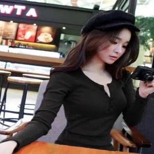 [오노마] ONM 여성 3컬러 골지 앞단추 라운드넥 슬림 긴팔티셔