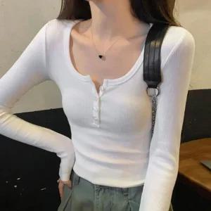 [오노마] ONM 여성 버튼 골지 긴팔티 1P 간절기 패션 티셔츠