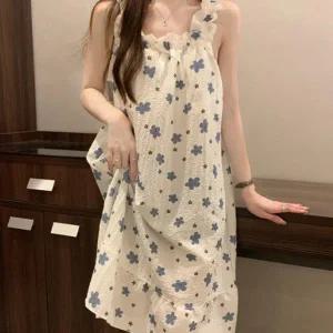 민소매 나시 원피스 잠옷 시원한 쿨링 잠옷 홈웨어 여성 원피스잠옷 꽃무늬잠옷 나시 지지미 여자잠옷