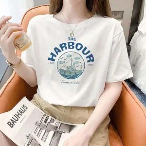 셔츠 베이직 티 하버 면 레터링 흰 여름
