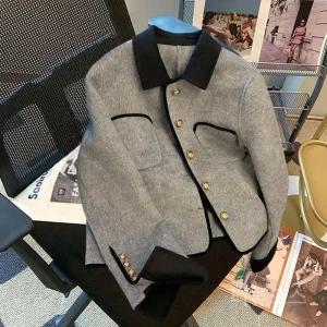 티류으스 여성 가을 겨울 정숄더 숏 자켓 골드 단추 프렌치 스타일 배 커버 라펠 Z0407