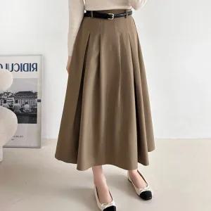 여성 뒷밴딩 앞핀턱 플리츠 하객룩 A라인 롱스커트 NYS-WSK-4956-브라운