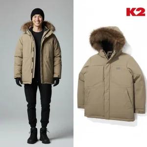 [백화점 출고] K2 패딩 남자 부스트 임페리움 다운 베이지 라쿤 퍼 털 후드 탈부착 미들 헤비 중량 숏 점퍼