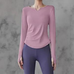 여성 운동 요가 스판 브이넥 타이트 긴팔티