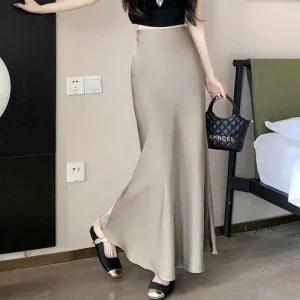 여성 하이웨스트 허리밴딩 유광 롱 치마 머메이드 스커트