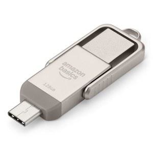 아마존 베이직 USB 플래시 드라이브, C 및 A 듀얼 포트가 있는 썸 드라이브 메모리 스틱, 128GB, 샴페인 실버