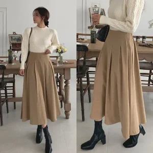 여성 뒷밴딩 피치 핀턱 플리츠 플레어 롱 스커트 훌 주름 밴딩 치마 연말룩 하객룩 -WSK0034- 가을 겨울