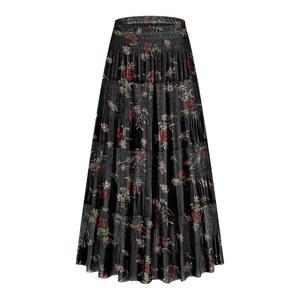 CYiNu 여성용 쉬폰 엘라스틱 하이 웨이스트 레이어드 플리츠 플로럴 프린트 A라인 보호 롱 맥시 스커트