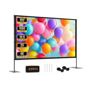 스탠드가 있는 STWUI 프로젝터 화면 - 100인치 야외 휴대용 16:9 4K HD 영화 화면, 캐리백이 경우 Enioy 홈 시어터 프로젝션