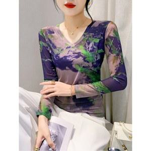 패션 망사 브이넥 레깅스 여 긴팔 봄 인테리어 몸매 서양식 프린트 티셔츠 코디 상의 트렌드