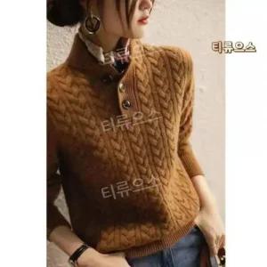 긴팔 꽈배기 카라 단추 여성 니트티 울니트