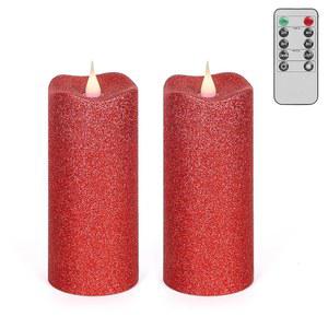 2Pc 글리터 불꽃 없는 양초 6인치 빨간색 3D 깜박임 무빙 플레임 심지 LED 양초 배터리 구동 기둥 불꽃 없는 양초 세트 타이머 및 홈 기념일 이벤트 장식용 리모컨