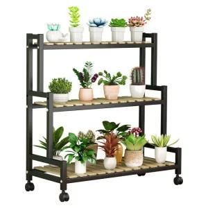 이동식 화분대 선반 80x65 진열대 바퀴 식물 베란다 정리대 발코니 블랙+탄화