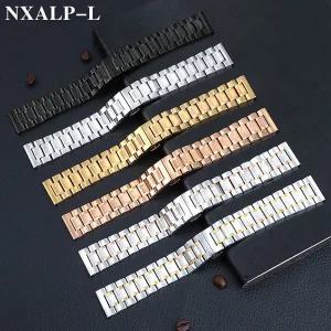 론진용 곡선형 엔드 스테인리스 스틸 시계 밴드 솔리드 메탈 팔찌 나비 걸쇠 범용 손목 밴드 18mm 20mm 22m