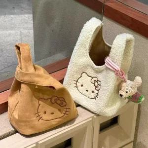 헬로키티 핸드백 스웨이드 토트백 손목 가방 가을 겨울 데일리 소프트 퍼 미니백