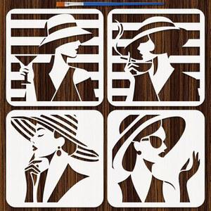 핑거인스파이어 4PCS 현대 여성 페인팅 스텐실과 페인트 브러시 7.9x7.9인치 플라스틱 애완동물 우아한 모자 드로잉 템플릿 장식용 캐릭터 테마 스텐실 벽 바닥