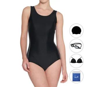 [쿠아로] 여성용 U백 빅사이즈 실내수영복 + 수모 + 수경 + 브라컵 + 비닐백 세트 QRF183S