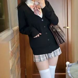 여성 브이넥 니트 가디건 사무실 교복 단추 포켓 겨울 봄