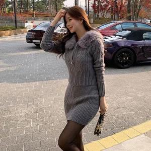 [미나그램] (미니SK/팬츠) 마코 꽈배기니트퍼후드집업세트