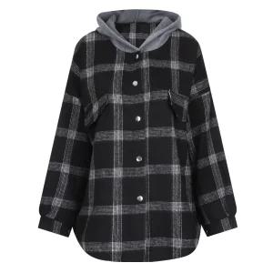 여성 피치 기모 체크 루즈핏 후드 롱 남방 셔츠 MSE-WBL-20963-블랙