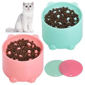 트랜랜틱 2개 슬로우 피더 고양이 볼, 미끄럼 방지 매트가 있는 플라스틱 고양 건조 및 습식 사료용 (그린앤핑크)