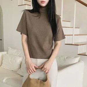 [신세계라이브쇼핑][옷자락] 여성 프릴 폴라 넥라인 골지 반팔 티셔츠