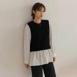 [66-110] 노엣 라운드 베스트 레이어드 블라우스