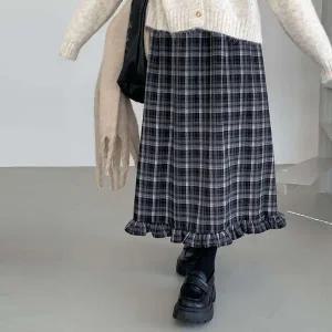 [하프클럽/]여성 밑단 패턴 후레아 격자 프릴 롱 스커트
