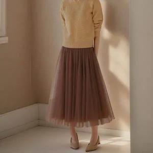 [하프클럽/]아엘리에 초코브라운 롱스커트 쉬폰 레이스 망사 플레어스커트