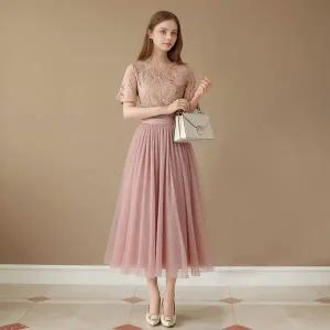 [하프클럽/]아엘리에 로맨틱핑크 롱스커트 쉬폰 레이스 망사 플레어스커트